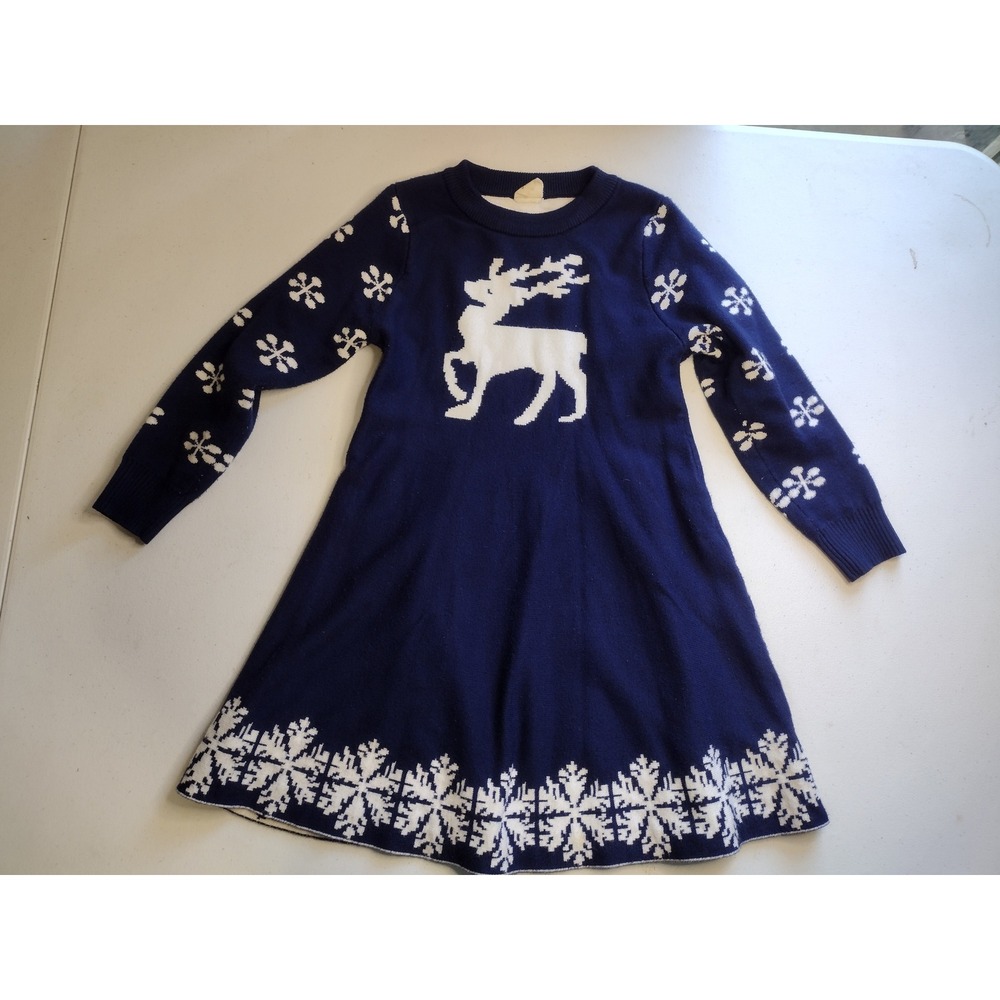 Kids‎ Blue Reindeer Snowflake Ugly Christmas Sweater Dress Long Sleeve